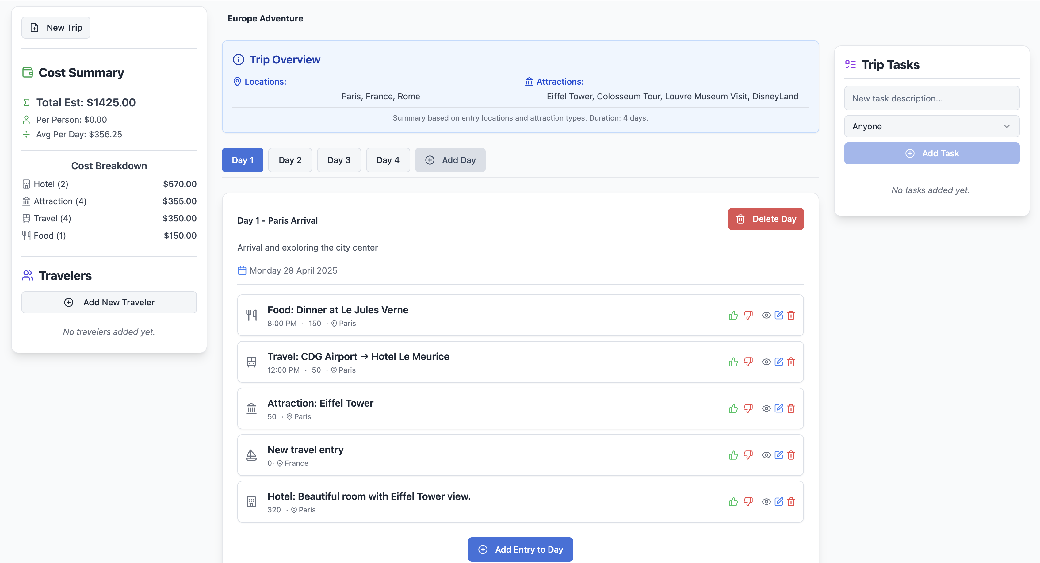 Comprehensive view of the travel planner application showing an organized itinerary with timeline, activities, and details